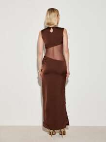 AiiRZ Elegant Satin Evening Maxi Dress With Color Block Panel Design Sleeveless Formal Gown Perfect For Weddings Galas Special Occasions