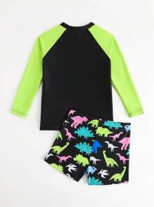 男童长袖泳衣套装，运动系列酷炫恐龙和字母印花 - 彩色 - 查看 3
