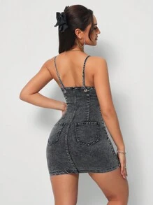 SHEIN Tall Sexy Denim Spaghetti Strap Open Front Dress For Women - Black - View 2