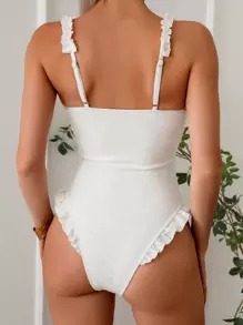 SHEIN Swim Women Textured Fabric Twist Knot Butterfly Shoulder Strap Hollow Ruffle Hem Cute One-Piece Swimsuit, For Summer Beach Vacation - Pink - View 2