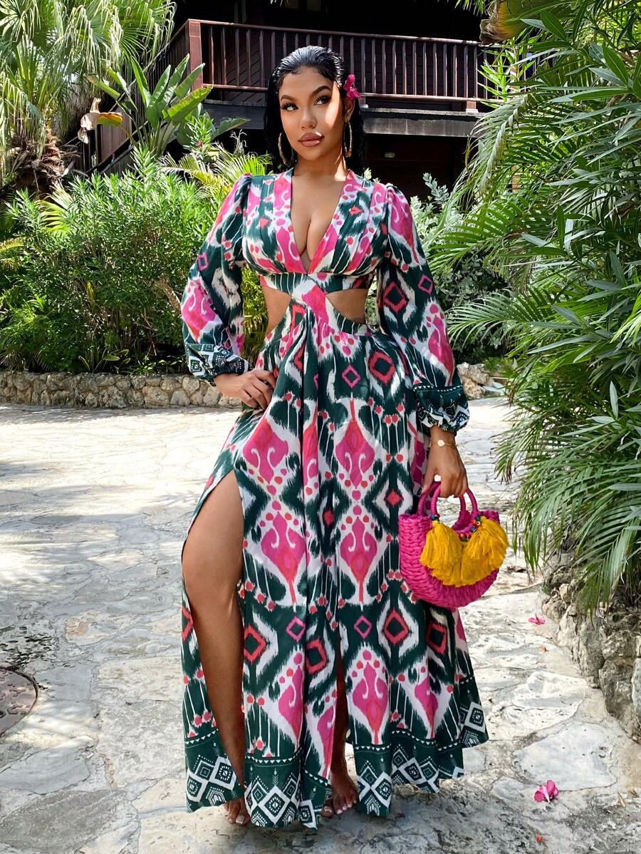 SHEIN SXY Vestido mini de mangas de linterna sexy con estampado geométrico hueco para mujer durante las vacaciones - Multicolor - Ver 1