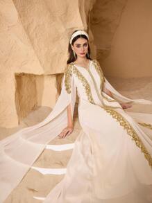 Al Najma 奢华刺绣蕾丝细节优雅长袖连衣裙，修身剪裁，高端定制