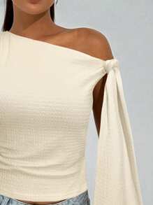 Firerie Women's Spring Elegant Romantic Asymmetrical Neck Fashionable Commuter Sexy Elegant Style Top, Suitable For Party, Vacation, Romantic Date And Wedding Birthday Dress, Knit Texture Cross Shoulder Straps Fitted Apricot T-Shirt - Apricot - View 8