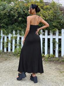 Muchica Western V-Neck Halter A-Line Long Dress, Summer - Black - View 2