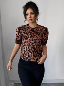 Elenzga Peter Pan Collar Single-Breasted Leopard Print Short Sleeve Shirt - Multicolor - View 6