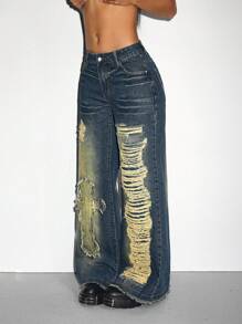 SHEIN ICON Women's Pocket Distressed Wide Leg Relaxed Fit Casual Versatile Jeans 2025 Spring Summer Y2K Cowgirl Gothic - Blue - View 5