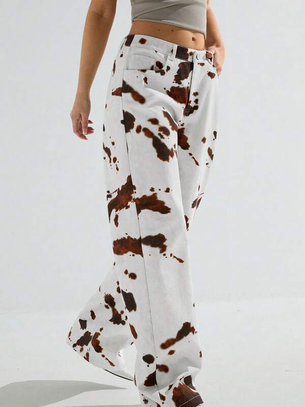 Athîral Pantalones casuales de pierna recta, sueltos y con bolsillos estampados para mujeres