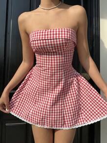 Aloruh Women's Sexy Vintage YTK Red & White Plaid Check Print Ruched Hem Cinched Waist Waist Mini Vacation Dress Women Summer Dress Women Tea Dress,Pastel Dresses For Women - Multicolor - View 6