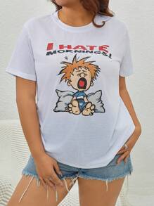 INAWLY Camiseta plus size com gola redonda, manga curta, estampa de letras e personagens, camiseta gráfica casual para uso diário, blusa feminina de verão