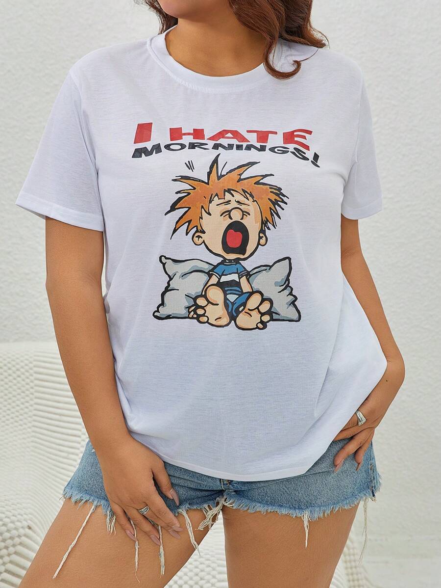 INAWLY Camiseta plus size com gola redonda, manga curta, estampa de letras e personagens, camiseta gráfica casual para uso diário, blusa feminina de verão