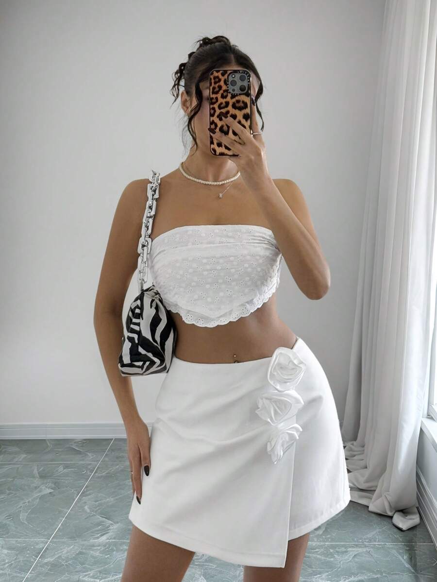 Chiquease Women's 3D Floral Asymmetric Hem Casual Skorts