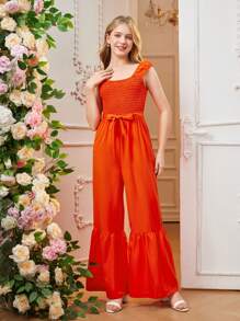 Comfortable Sleeveless Elastic Waist Pleated Wide Leg Jumpsuit For Teenage Girls - Orange - View 5