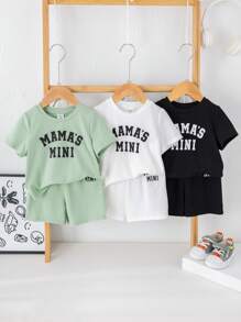 SHEIN Leap Crew 6 件套男婴和女婴休闲可爱图形字母图案宽松针织圆领 T 恤和短裤 2 件套服装套装，3 种颜色，适合春夏穿着，非常适合母亲节/母亲节/宝宝的第一个母亲节 - 彩色 - 查看 3