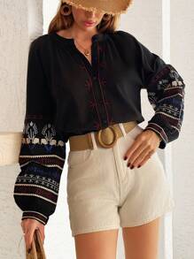 EURMUSE Pure Linen Boho Style, Embroidery Detailed Button Through Shirt - Black - View 6