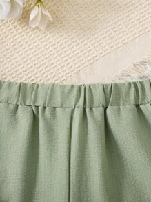 SHEIN Leap Crew Tween Girl 2 Pieces Set: Backless Bowknot Blouse With Ruffle Sleeves & Wide Leg Pants, Textured Fabric - Mint Green - View 9