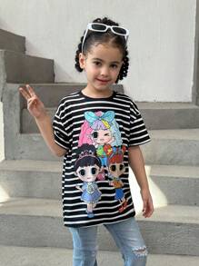 Striped Young Girl Graphic T-Shirt - Black and White - View 3