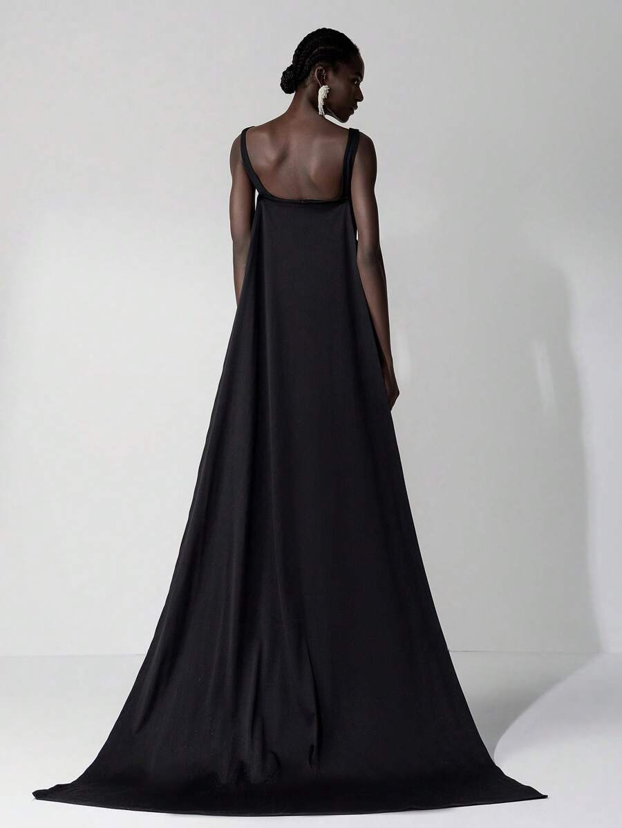 Elitara 优雅华丽的黑白对比弹力针织手工蝴蝶结水晶水滴装饰宽肩带胸杯性感露背丝带可拆卸拖尾适合约会、单身派对、正式场合、舞会、鸡尾酒会、晚礼服（做工精细）、派对礼服、礼服、晚会、婚礼宾客 - 黑色 - 查看 1