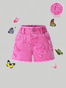 Girls Star Embroidered Distressed Light Pink Denim Shorts - Pink - View 6