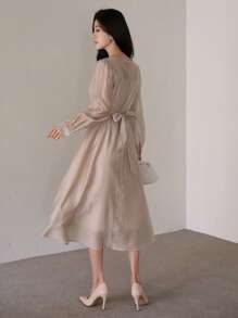 DAZY Elegant Fall Solid Color Waist Gathered Long Sleeve Long Dress, Women's Dress Elegant,Dress For Wedding - Pink - View 2