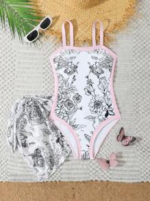 Tween Girl 1-Piece Swimsuit With Floral Print & Ruffles, No Lining - Multicolor - View 1