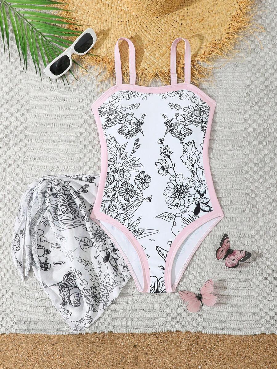 Tween Girl 1-Piece Swimsuit With Floral Print & Ruffles, No Lining - Multicolor - View 1