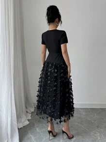 Chiquease Rochie neagră elegantă de damă, de lungime medie, ocazională, simplă și la modă, pentru purtarea zilnică - Negru - Vizualizare 2