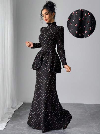 Modelyn Elegant Floral Ruffle Collar Long Sleeve Blouse And Fishtail Hem Skirt 2pc Outfit Set For Women Modest