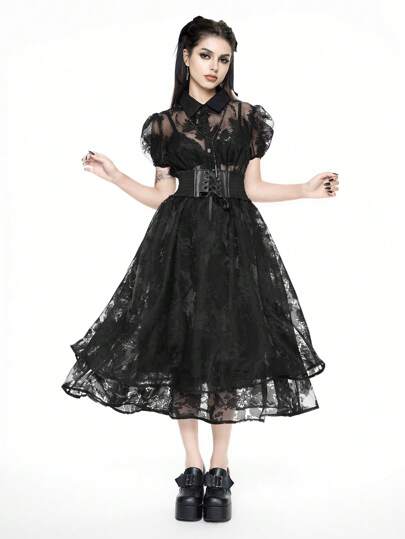 Vestido maxi elegante gothic con mangas abullonadas de organza calado