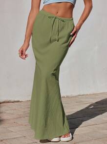 SHEIN EZwear White Linen Mermaid Maxi Skirt, Spring/Summer, Resort Wear - Green - View 3