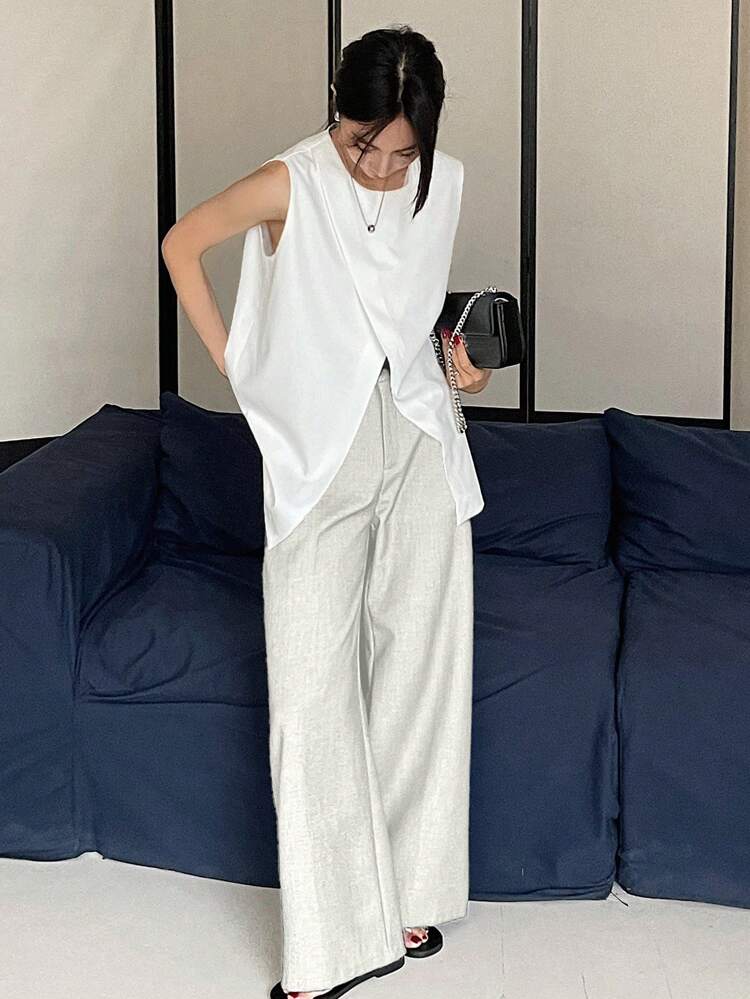 Women's Casual Business Sleeveless Top, Solid Color With Slit Tank Tops