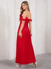 SHEIN Clasi 优雅露肩玫瑰印花修身开衩女式连衣裙，90 年代服装，红色连衣裙，优雅大方，节日 - 紅色 - 查看 2