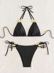 Glamine Springbreak Women's Black Halter Backless Sexy 2 Pieces Bikini Set Summer Vacation Beach Festival Boho Swimwear