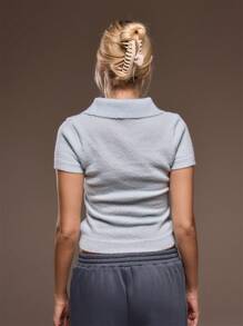 MUSERA 长款针织钩编翻领短袖开襟高领上衣 春季可爱 Y2K 休闲可爱 90 年代阳光时尚 - 藍色 - 查看 3