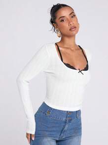 SHEIN BAE Women's Black And White Contrast Daily Casual Street Lace Long-Sleeved Bow Decoration Slim T-Shirt, Going Out Tops, Music Festival Wear - Grey - View 5
