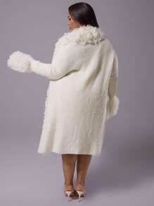 MUSERA Plus Midi Frayed Trim Knitted Cardigan For Everyday, Casual, Break, Classy - White - View 3