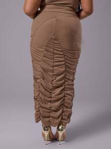 MUSERA Plus Size Extreme Ruched Basic, Classy Style Skirt For Everyday, Date Night, Club, Holiday Summer - Brown - View 3