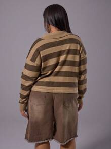 MUSERA Plus Cropped Knitted Striped Collared Long Sleeve Top For Everyday, Casual, Break, Classy - Multicolor - View 3