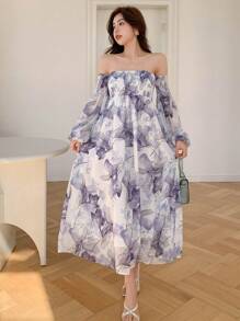DAZY Vestido midi con estampado floral y escote hombros descubiertos para mujeres