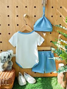 SHEIN 3 Stücke Neugeborenen-Set mit süßem Aquarell-Tierdruck von Giraffe, Elefant, Löwe und Nashorn, bestehend aus Jumpsuit-Romper und Hut, Kurzarm, geeignet für Frühling/Sommer Alltagsmode und Lässig Wear
