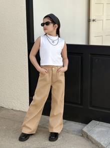 SHEIN Jeans básicos informales de pierna ancha 3/4 de color blanco para niñas