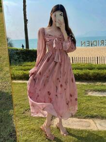 DAZY Đầm midi dáng ôm bằng chiffon in họa tiết hoa hồng, thắt eo xoắn, có bèo nhún, thích hợp cho nữ, kiểu dáng mùa thu, tay dài, trang phục đi nghỉ mát, lễ Phục sinh. - Hồng - Xem 2