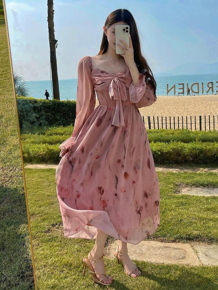 Rose Floral Print Chiffon Twist Tie Waist Midi Dress, Body-Fitting For Women,Ruffle,Fall Dress Long Sleeve Dress Vacation Outfits Women Easter Boho