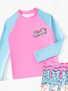 Kids Beachwear Tween Boys Stylish Ice Cream Print Long Sleeve Swimming Shirt And Swimming Trunks Set