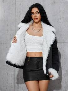 女士休闲洗水羊毛领拼布牛仔夹克，秋冬季保暖加厚牛仔布 - 黑色 - 查看 4