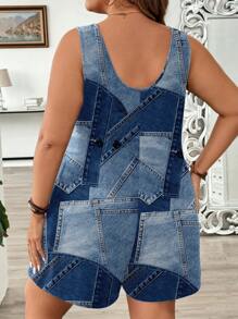EMERY ROSE Casual Patchwork Print Plus Size Jumpsuit, Suitable For Spring/Summer Outings Suitable For Going Out - Multicolor - View 2