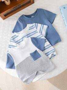 3pcs Set Baby Boys/Girls Casual Round Neck Short Sleeve Blue Striped & Solid Color Knit T-Shirts, Multi-Color, Suitable For Spring And Summer, Indoor And Outdoor Wear