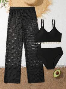 Tween Girl 3pcs/Set Swimwear, With Ruffle Trim - Black - View 1