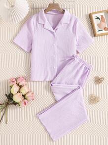 Girls Purple Collared Short Sleeve Blouse + Casual Loose Pants (Family Matching Outfits, 2 Sets Sold Separately) - Mauve Purple - View 3