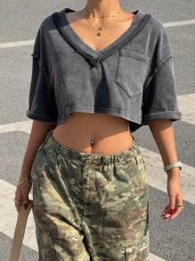 Muchica 黑色针织女式短款 T 恤，简约时尚，休闲日常穿着 - 深灰色 - 查看 1