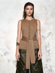 SHEIN LUNE 现代办公室女士闪光针织无袖上衣，女式，春夏 - 卡其色 - 查看 6